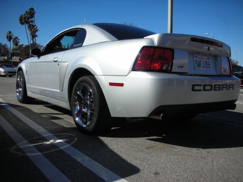 1998 Ford Crown Victoria - silver Ford Mustang SVT Cobra coupe seen from the rear quarter, with COBRA bumper lettering and chrome wheels.