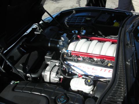 1998 Ford Crown Victoria - Detailed engine bay showing a V8 with white composite intake, red fuel rails and braided lines under a black hood.