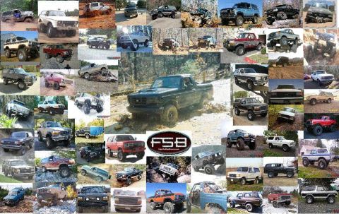 1993 Ford Bronco - A dark-colored Ford pickup truck navigates a muddy trail, with a prominent FS8 logo beneath it.