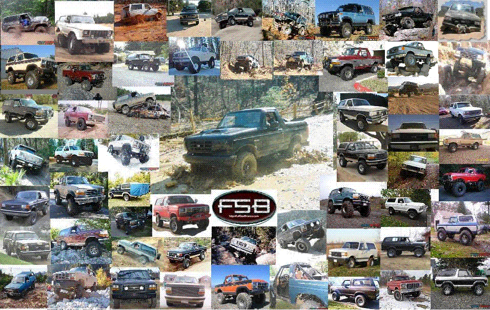 Black Ford F-150 pickup truck driving through mud. FS8 logo below