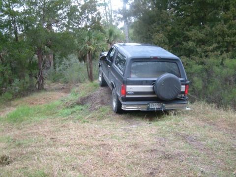 1992 Ford Bronco - This black 1992 Ford Bronco is parked on a grassy incline, showing its rear profile with a spare tire mounted on the tailgate.