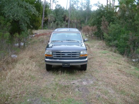 1992 Ford Bronco - A 1992 Ford Bronco is parked on a dirt path surrounded by trees and dry grass.