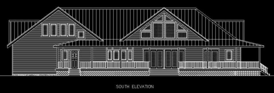 Architectural CAD south elevation drawing of a house with gables and porch