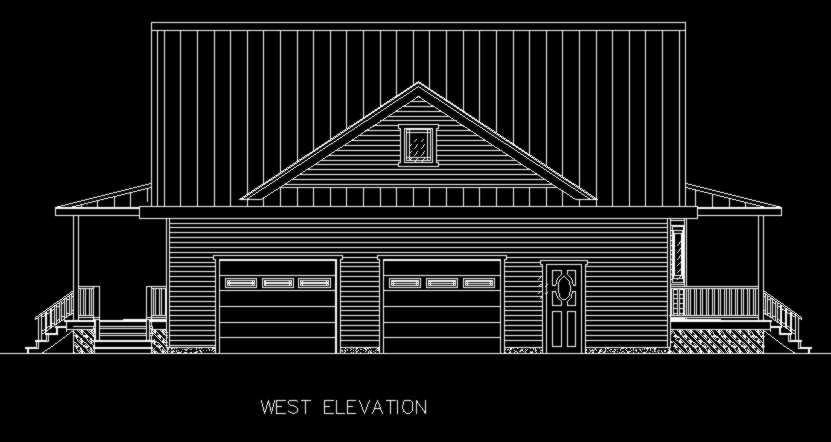 Architectural CAD west elevation drawing of a house with two-car garage