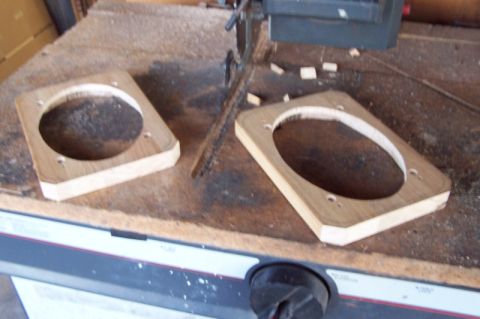 1990 Ford Bronco - Custom wooden speaker adapters are shown on a workbench, likely for a car audio installation.