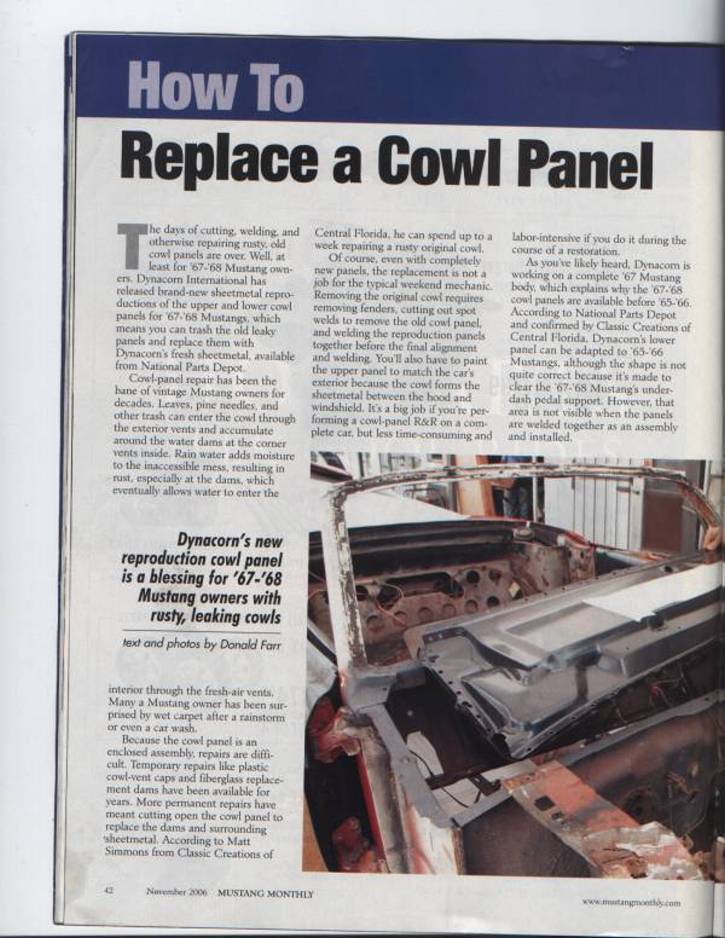 Mustang Monthly 'How To Replace a Cowl Panel' article opener with a stripped '67-'68 Mustang body shell