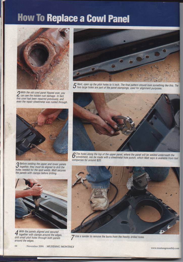 Cowl panel replacement steps 2 through 7: rust inspection, clamping, drilling and punching spot weld holes