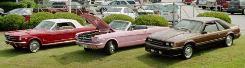 1980 Ford Mustang - A trio of Ford Mustangs, including a red convertible, a pink convertible with its hood up, and a brown coupe, are parked on a grassy lawn.