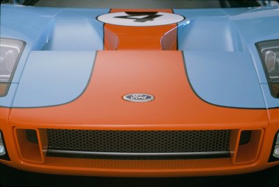 2003 Ford GT - The front of a Ford GT sports car, the iconic Gulf Oil racing livery.