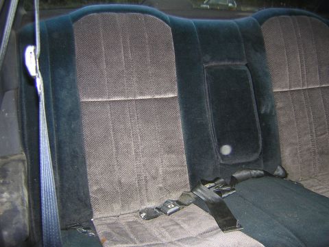 1987 Ford Thunderbird - Interior view of the back seat of a car, showing the seat upholstery and seatbelts.