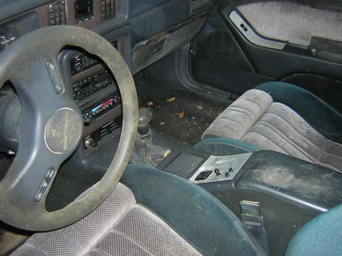 1987 Ford Thunderbird - The interior of a 1987 Ford Thunderbird, the dashboard, steering wheel, and seats, appears to be in a state of disrepair.