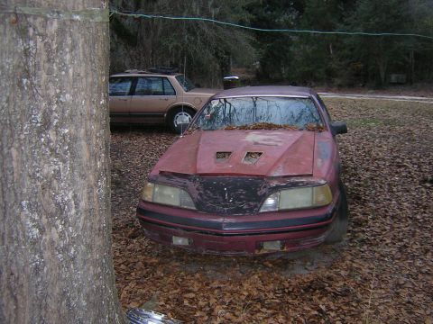 1987 Ford Thunderbird - A red coupe with hood scoops sits in a yard covered in fallen leaves, with another vehicle visible behind it.
