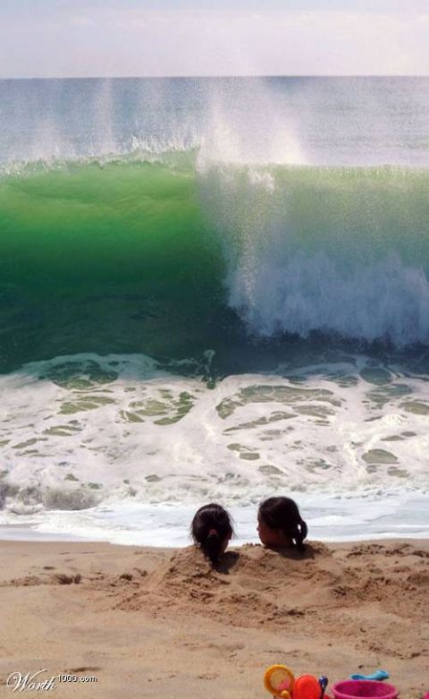 1968 Ford Mustang - Two children enjoy a day at the beach, with a massive wave forming in the ocean behind them.