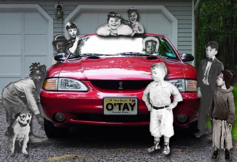 1994 Ford Bronco - A red sports car is surrounded by vintage-style children and a dog, with a garage in the background.