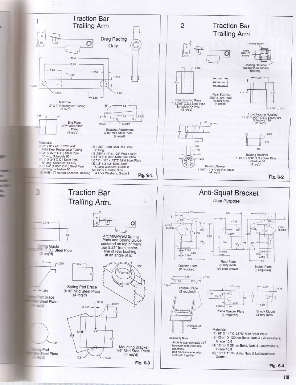 Traction bar / trailing arm and anti-squat bracket fabrication blueprints with dimensions