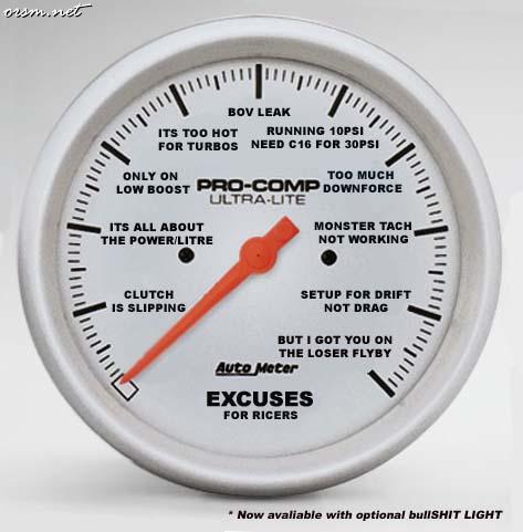 1988 Mazda MX-6 - This gauge displays various humorous excuses for poor car performance, including 'Monster Tach Not Working' and 'Setup for Drift Not Drag'.