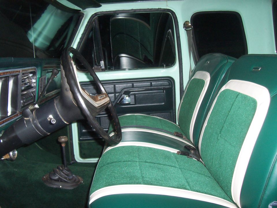 Green interior with bench seat and column shifter
