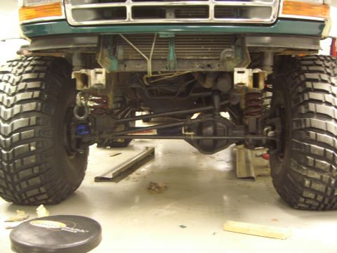1996 Ford Bronco - Front view of a 1996 Ford Bronco showing its suspension system and oversized tires.