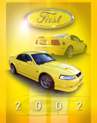 1978 Ford Mustang II - Two yellow Ford Mustang coupes are displayed against a yellow background with a Ford 'Fast' emblem and SuperMotors branding.
