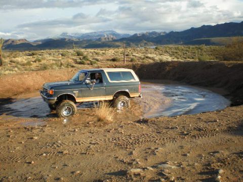 1991 Ford Bronco - Ford Bronco navigates a water obstacle in a desert environment with mountains in the background.