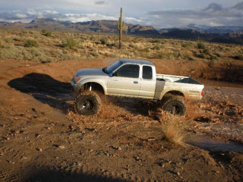 1991 Ford Bronco - A silver pickup truck navigates a muddy terrain with large tires, set against a desert backdrop with mountains and cacti.