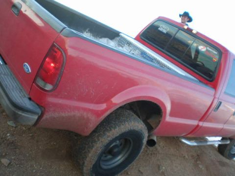 1991 Ford Bronco - Red pickup truck rear view with a person in a cowboy hat visible in the cab.