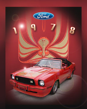 1978 Ford Mustang II - This 1978 Ford Mustang II features a prominent cobra graphic and the Ford logo, highlighting its model year.