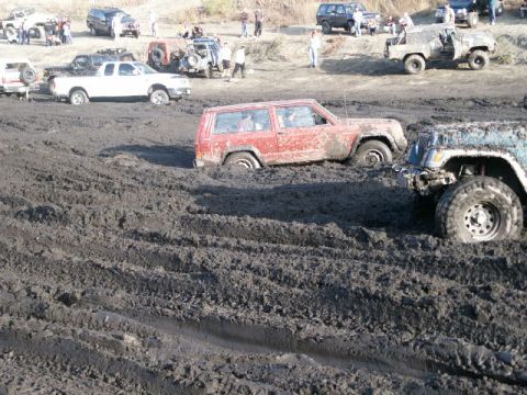 1978 Ford Bronco - Several vehicles are stuck in thick mud during an off-road event.