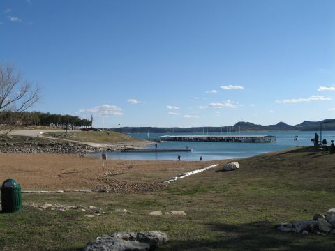 1995 Ford Bronco - A scenic view of a lake, marina, and surrounding landscape on a clear day.