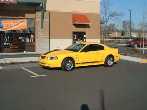 2000 Ford Crown Victoria - A yellow Ford Mustang is parked in a lot outside a building advertising free Wi-Fi.