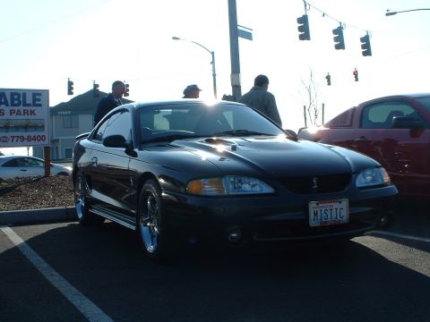 2000 Ford Crown Victoria - A black Ford Mustang is parked in a lot, with another red car visible to the right.