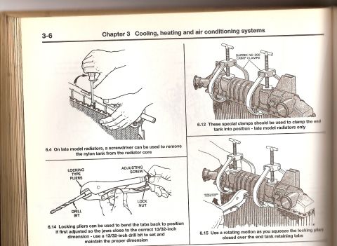 1994 Ford Bronco - Service procedure page showing step-by-step figures for removing nylon radiator tanks and using clamping tools.