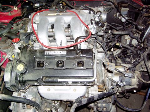 1993 Ford Probe - Close-up view of a Mazda engine, showing the intake manifold and valve cover with visible wiring and hoses.