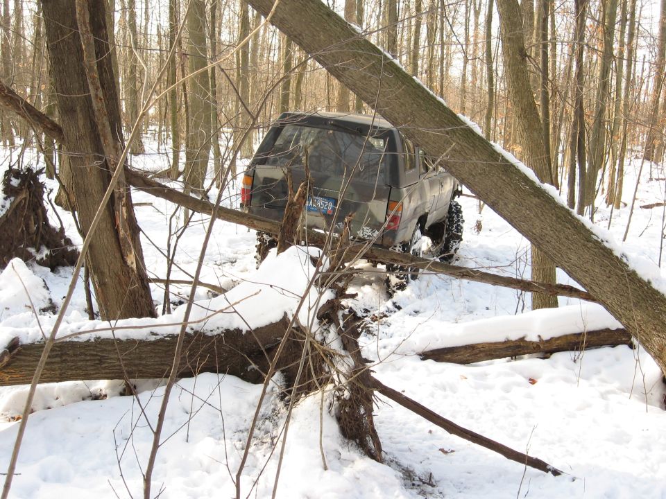 Off-road SUV with large tires stuck in snow, surrounded by trees and fallen logs