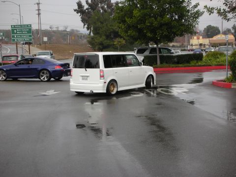 1998 Ford Crown Victoria - White Scion xB boxy hatchback on gold wheels crossing a wet lot near road signs, with a blue BMW coupe at left.