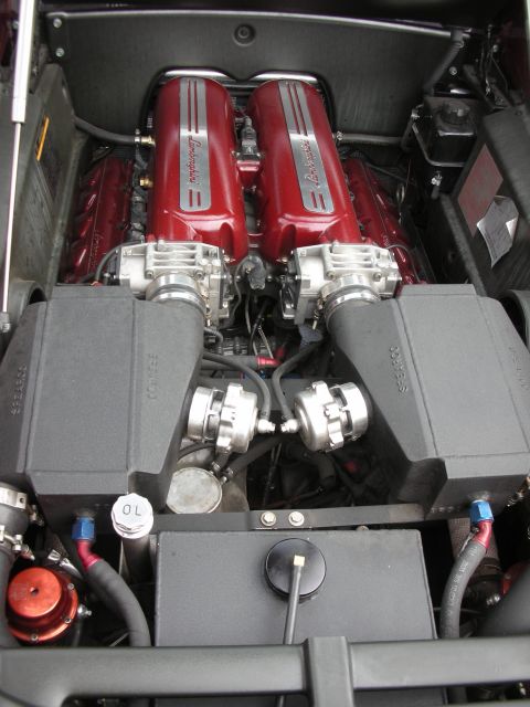 1998 Ford Crown Victoria - Mid-engine bay with two red crackle-finish cam covers, twin throttle bodies, and black airboxes with braided lines.