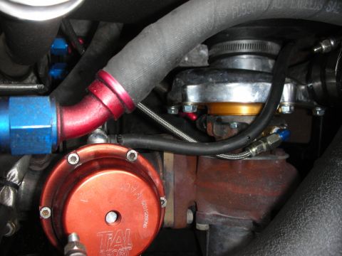 1998 Ford Crown Victoria - Detailed engine plumbing showing a turbocharger, red and blue AN-fitting hoses, and an orange TiAL wastegate.