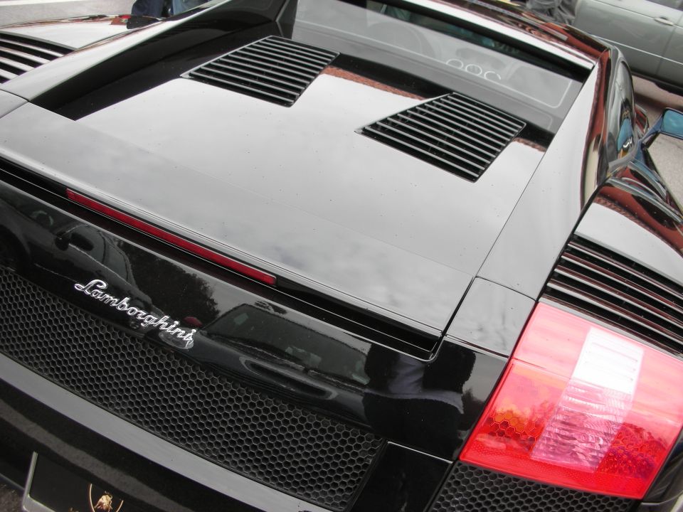 Black Lamborghini Gallardo rear deck with badge and engine louvers