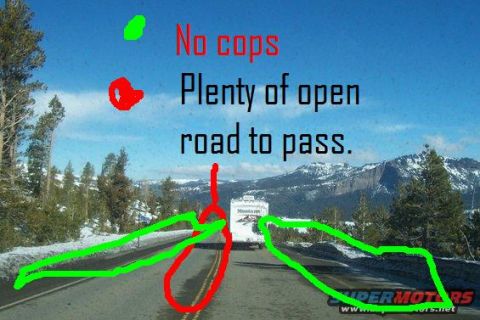 1989 Ford Bronco - An RV travels on a snowy mountain road, with annotations indicating no police presence and clear passing conditions.
