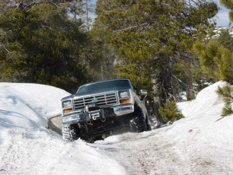 1986 Ford Bronco - This 1986 Ford Bronco navigates a snow-covered path through a wooded area.