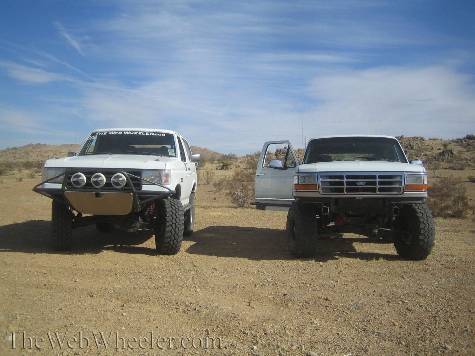 Front view of white and silver lifted Ford Broncos parked in desert under blue sky