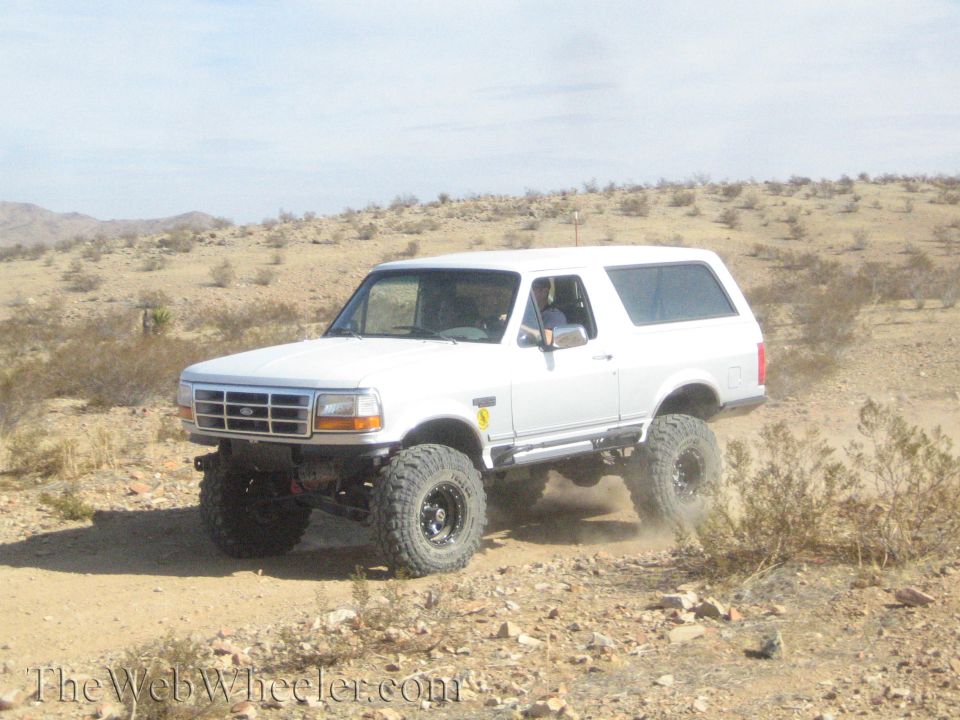 White lifted Ford Bronco on large tires parked on a desert trail