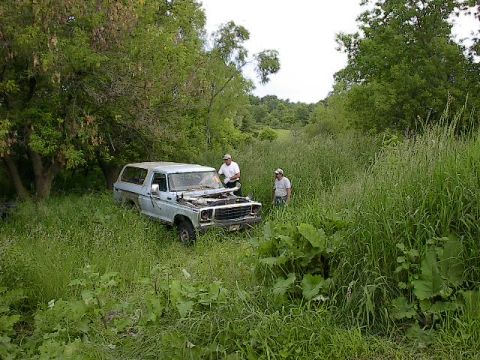 1994 Ford Bronco - This vintage SUV appears to be stuck in a field of tall grass, with two people looking under the hood.