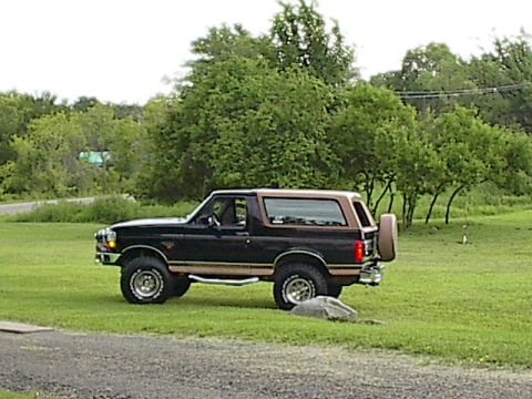 1994 Ford Bronco - A black and tan Ford Bronco is parked on a grassy field with trees in the background.