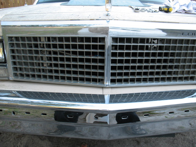 1985 Ford Crown Victoria LTD grille and bumper, chrome trim, beige paint, front view