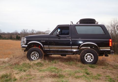 1995 Ford Bronco - Side view of a black 1995 Ford Bronco, modified with a roof rack and spare tire, parked in a grassy field.