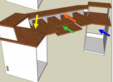 1990 Ford Bronco - This diagram illustrates a modular desk setup, with various components highlighted by directional arrows.