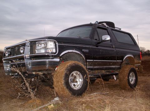1995 Ford Bronco - A black Ford Bronco is shown off-road, with its tires covered in mud and vegetation.