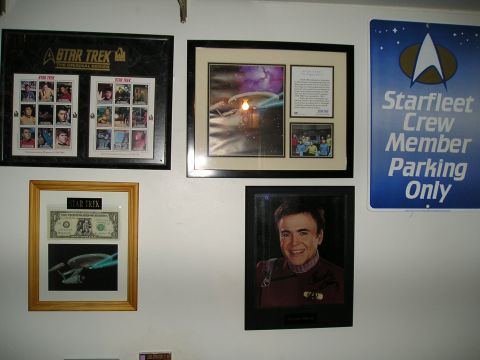 1966 Pontiac Fiero - Wall decor includes Star Trek stamps, a dollar bill, and a Starfleet parking sign.