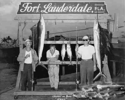 1971 Ford Ranchero - Fishermen display their catch of the day, with two large billfish and several smaller fish.